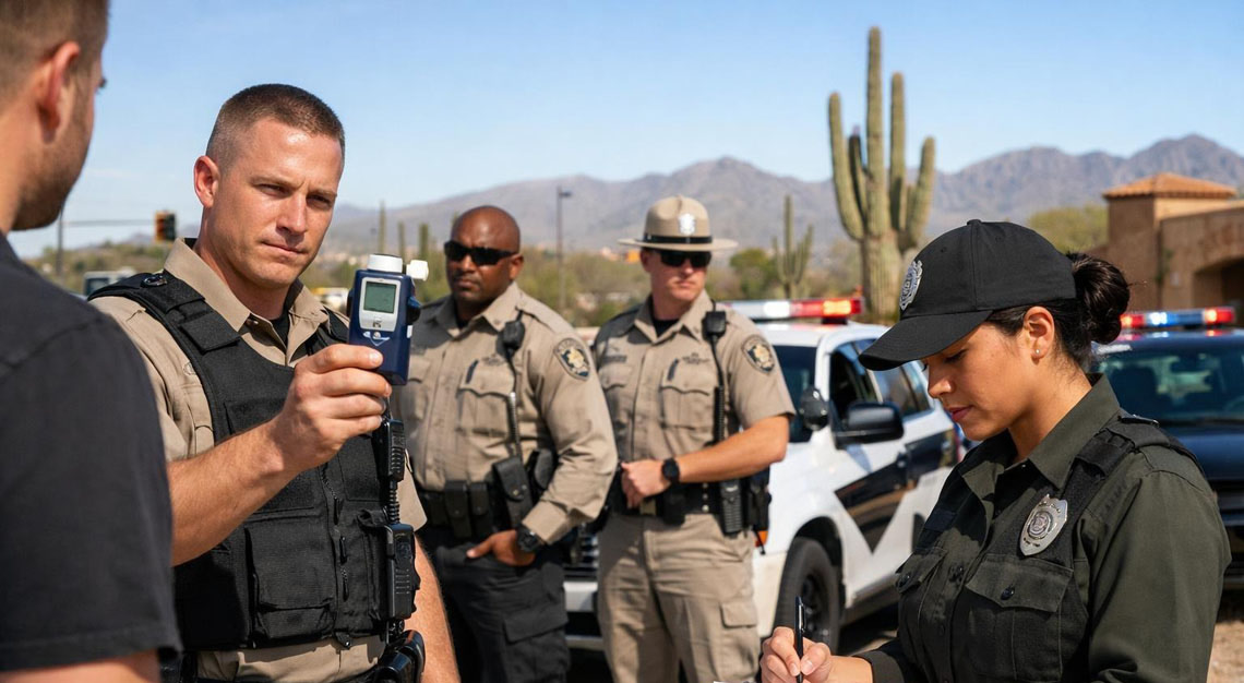 Law enforcement officers conducting a DUI arrest check on a sunny street in Arizona with desert landscape in the background.