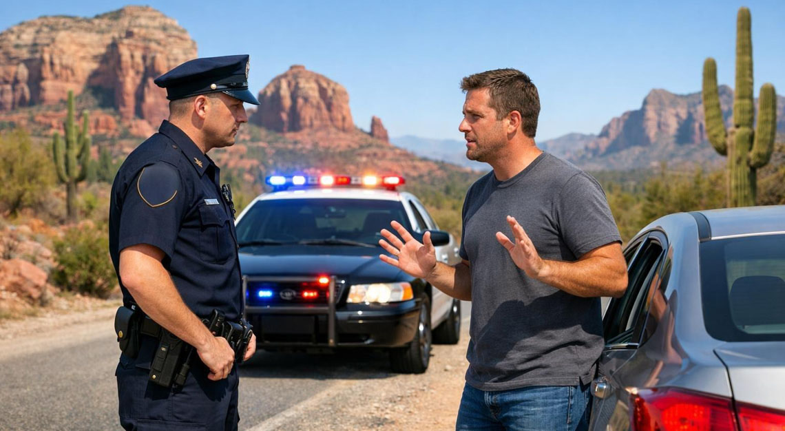A police officer talks to a driver beside a stopped car on a desert road with red rocks and cacti in the background.