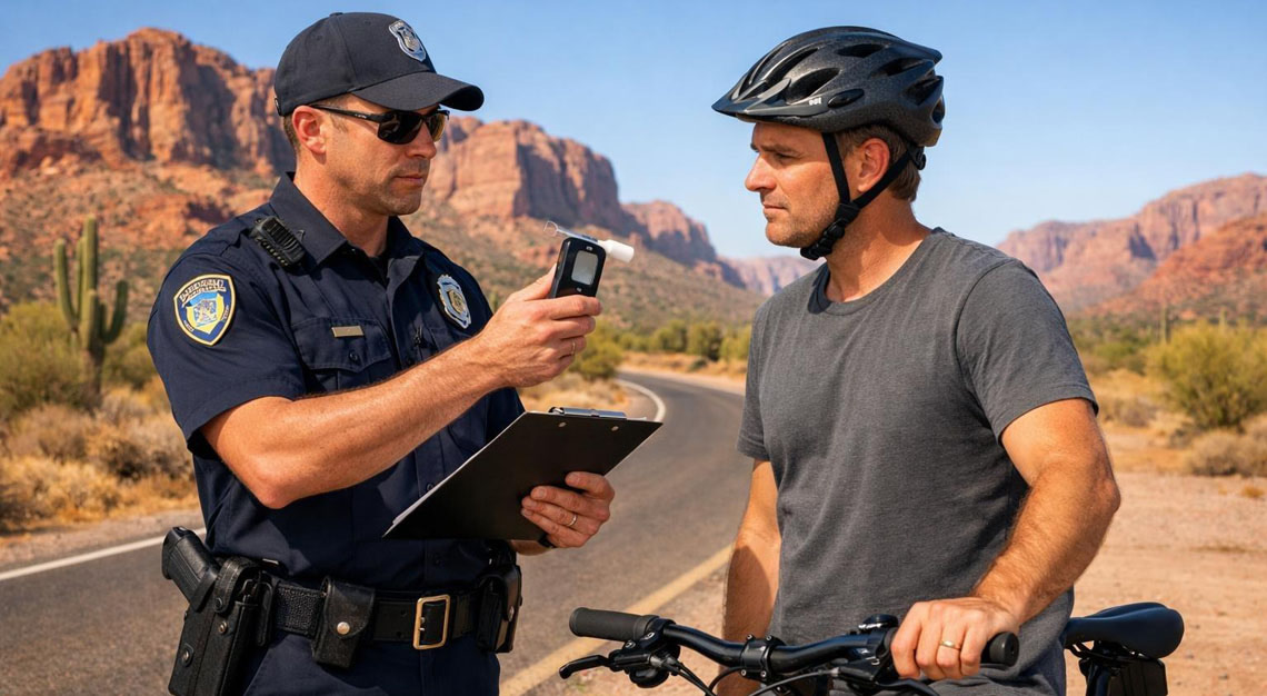 Police officer talking to a cyclist on a desert road with red rock formations in the background.