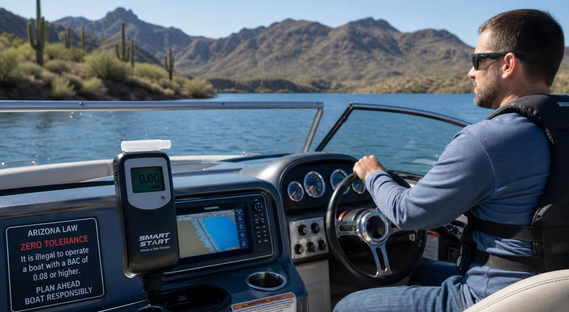 A motorboat on a clear lake in Arizona with desert mountains and cacti in the background, showing a person wearing a life jacket operating the boat.