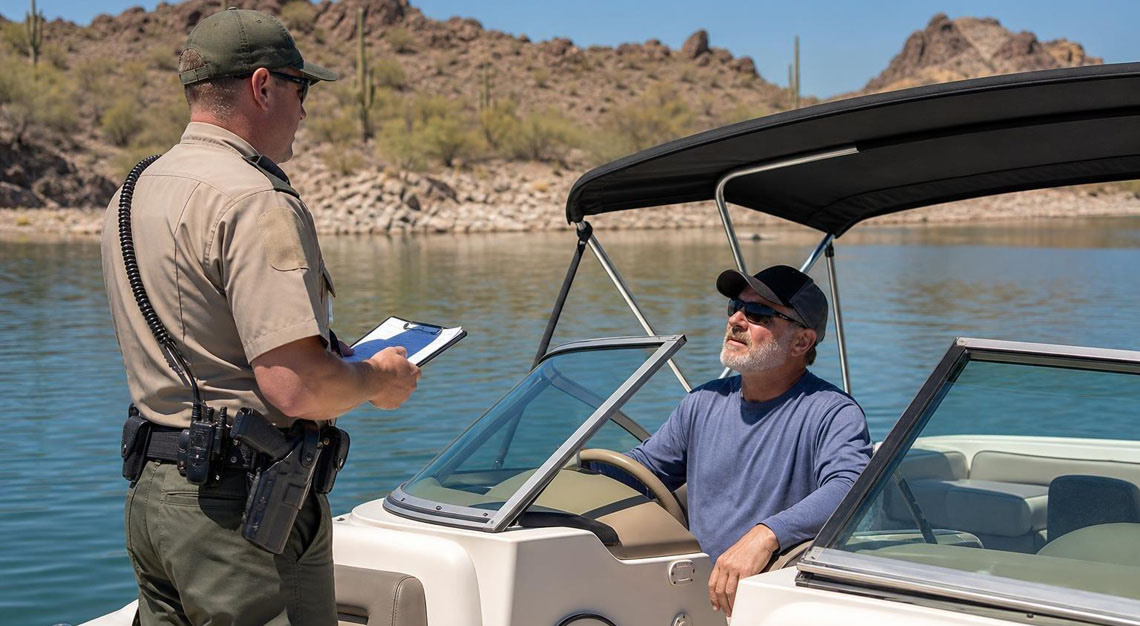A law enforcement officer talks to a boat operator on a motorboat on a calm lake with desert hills in the background.