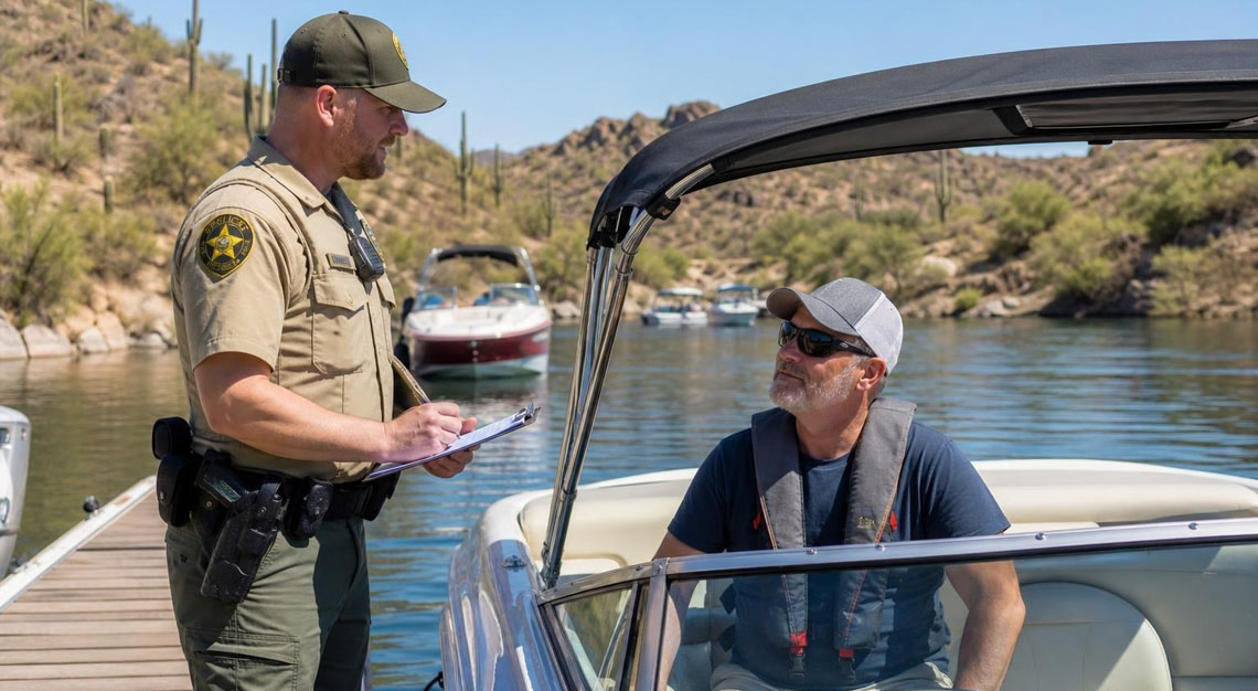 An Arizona law enforcement officer talks to a boat operator beside a motorboat on a calm lake with desert vegetation in the background.