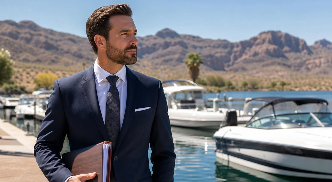 A confident attorney in a business suit standing near a marina with boats and desert mountains in the background.