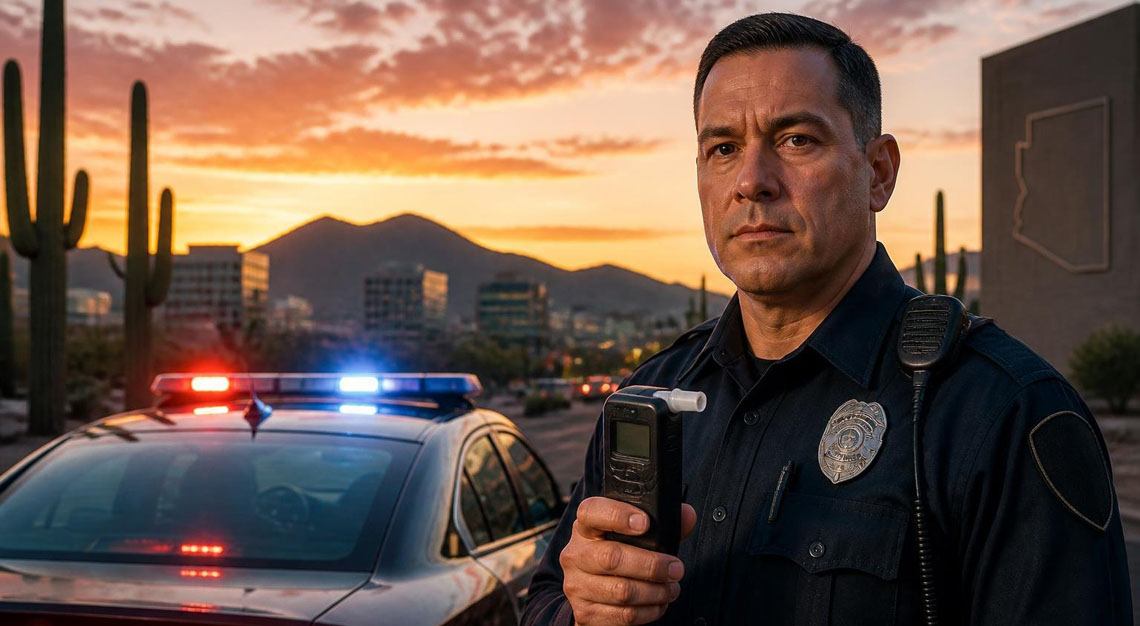 A police officer stands next to a police car with flashing lights in an Arizona desert setting at sunset, holding a breathalyzer device.