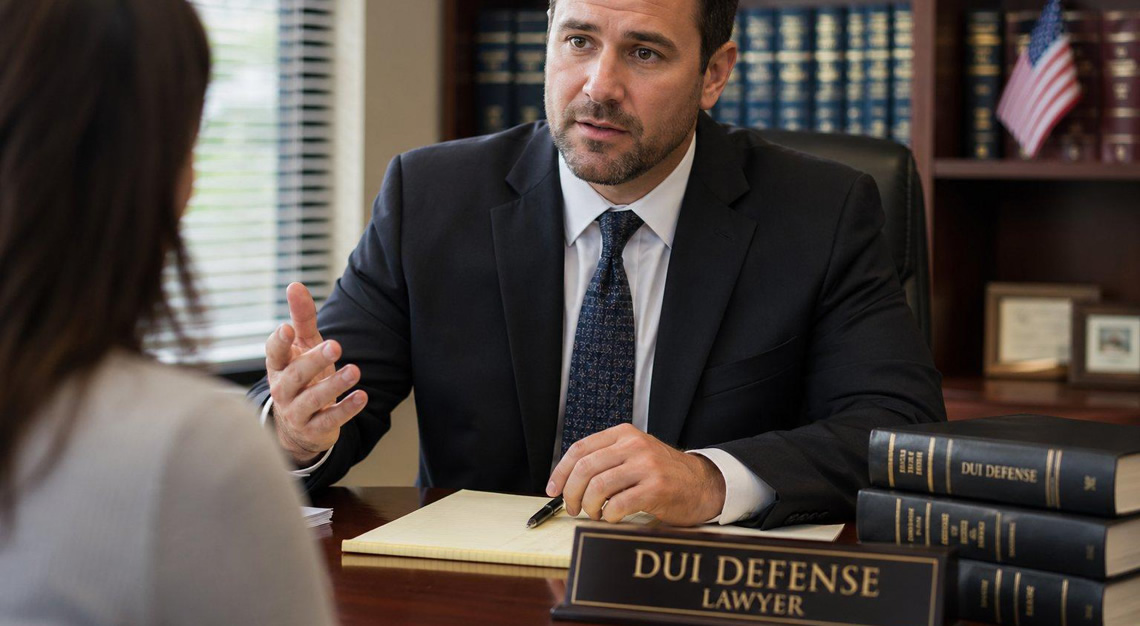 A confident lawyer in a suit sitting at a desk in an office, talking to a client.