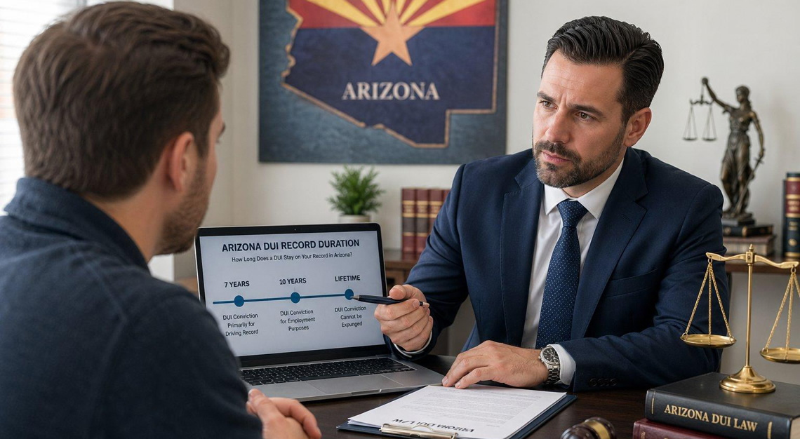 A lawyer and a client discussing legal documents in an office with a laptop and law books, with a subtle Arizona state flag in the background.