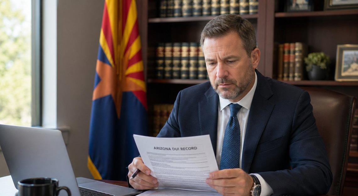 A middle-aged person reviewing legal documents at a desk in an office with law books and an Arizona state flag in the background.