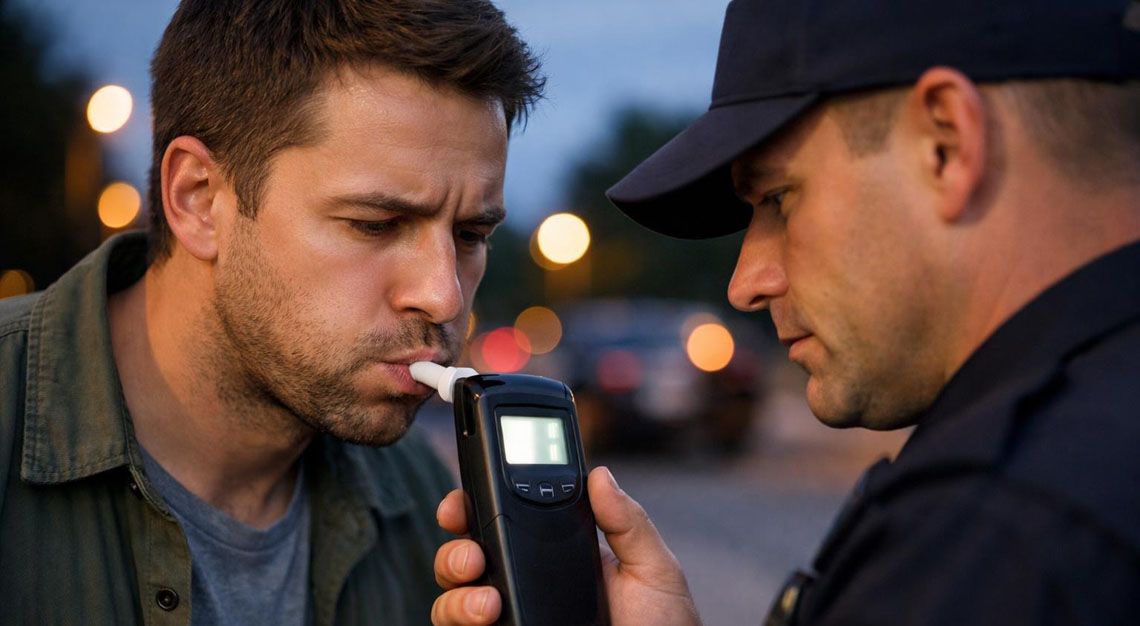 A police officer talks to a driver at a roadside DUI checkpoint at night without any breathalyzer or blood test equipment visible.