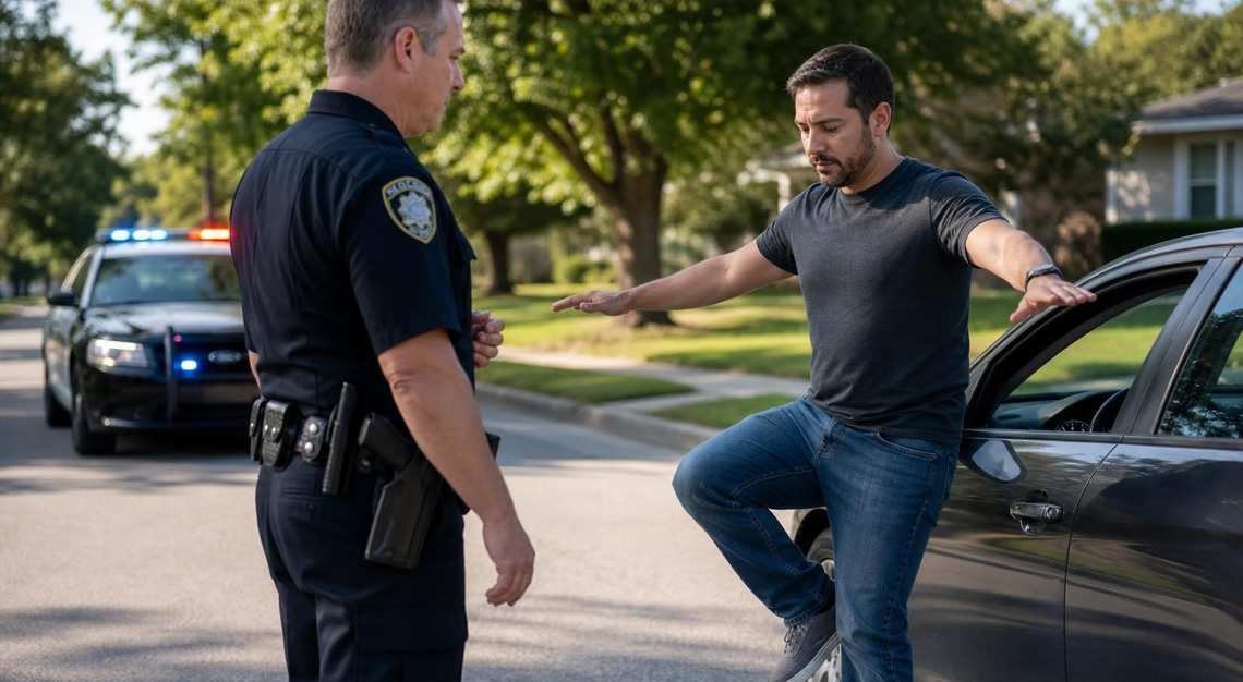 Police officer administering a roadside sobriety test to a driver standing outside their car on a suburban street.