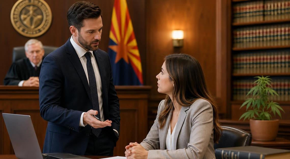 A lawyer discusses legal documents with a client in a courtroom, with a judge and Arizona state flag in the background.