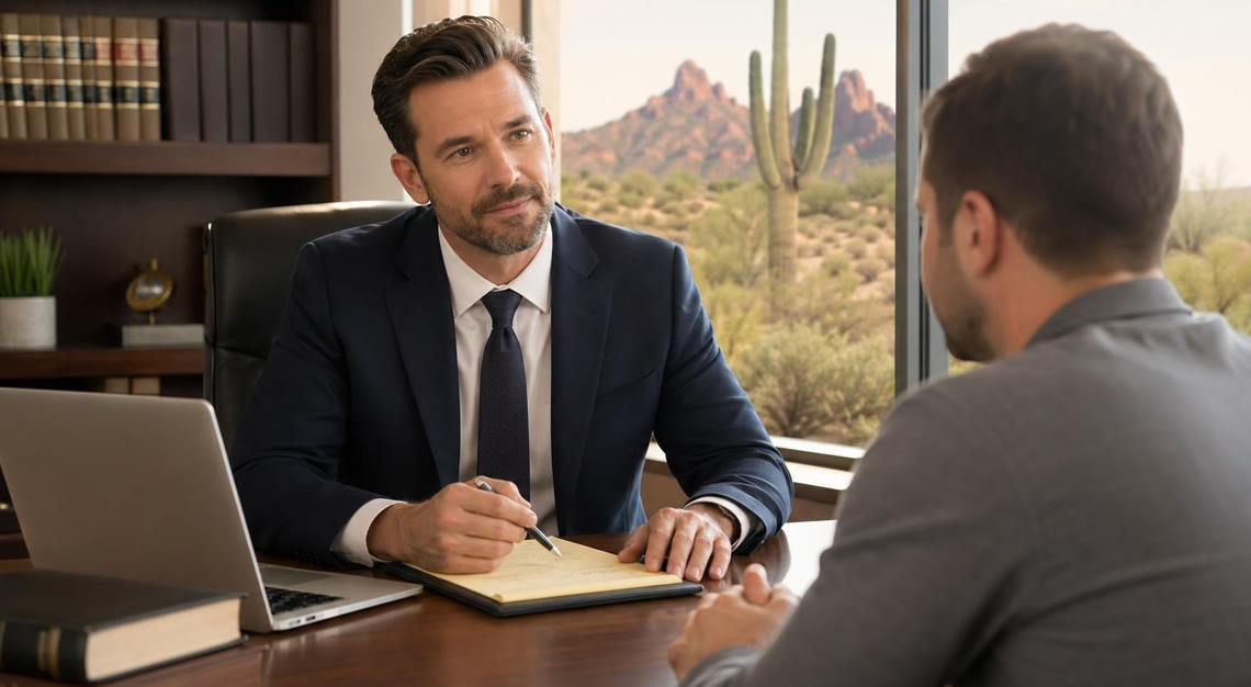 A lawyer consulting with a client in an office with a view of the Arizona desert.