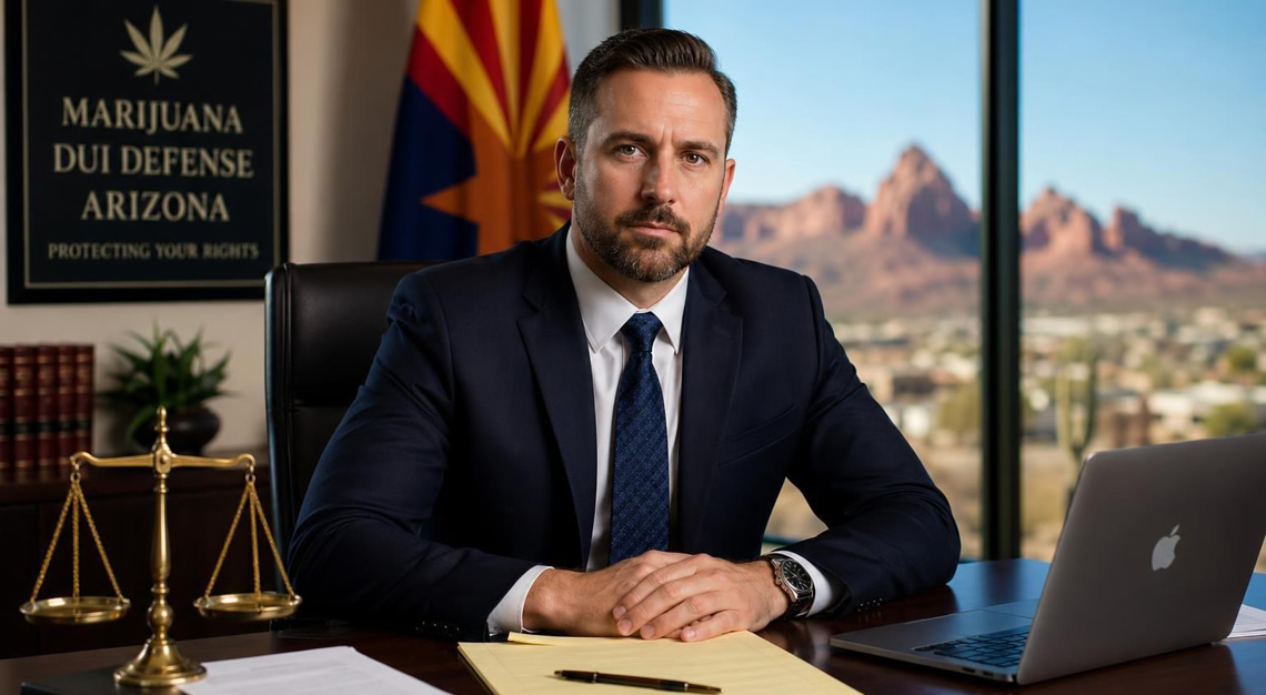 A lawyer in a business suit sitting at a desk with legal documents and a laptop, with a window showing a desert landscape in the background.