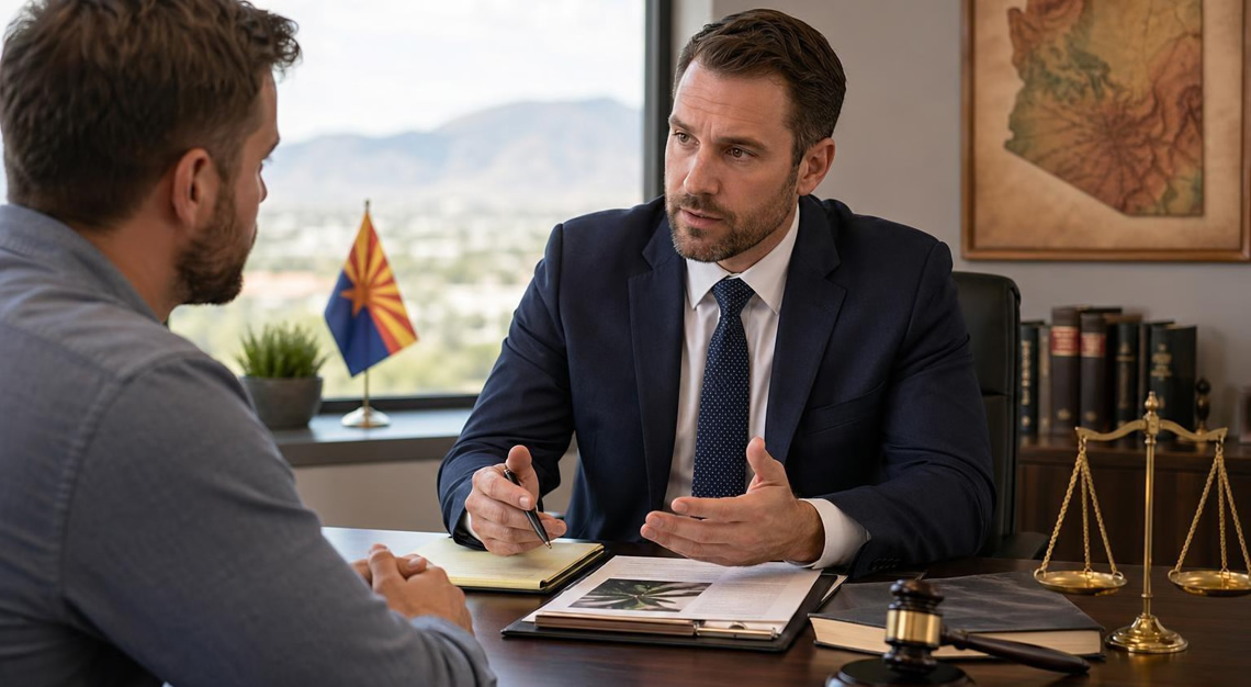 A lawyer and a client discussing legal documents in an office with legal symbols and a small Arizona flag visible.