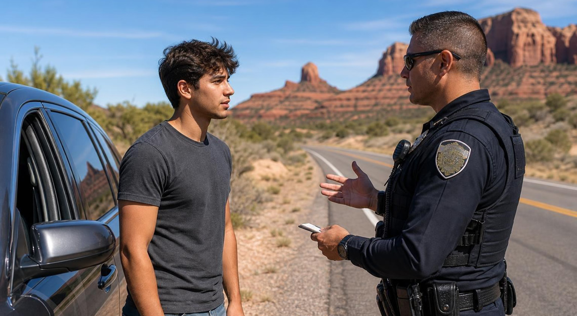 A police officer talks to a young driver beside a car on a desert highway with red rock formations in the background.