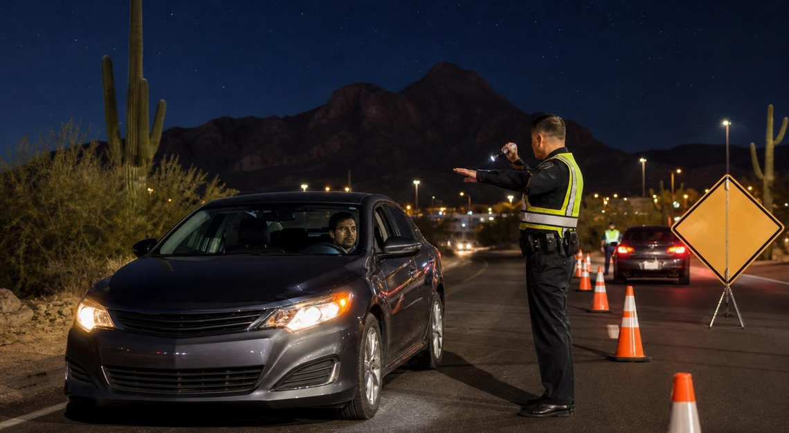 A police officer at a nighttime DUI checkpoint on an Arizona street with desert mountains in the background, stopping a car with headlights on.